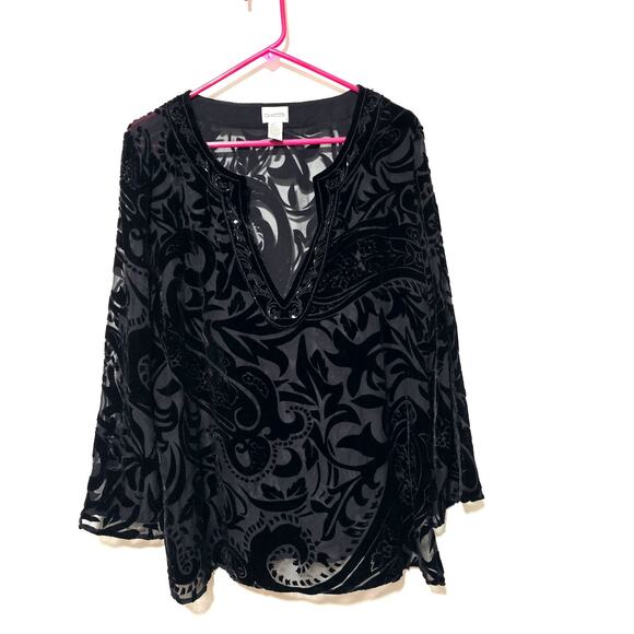 Chico's Velvet Silk Burnout Blouse Black Embroidered Beaded Size 2 Witch Goth - Picture 1 of 6